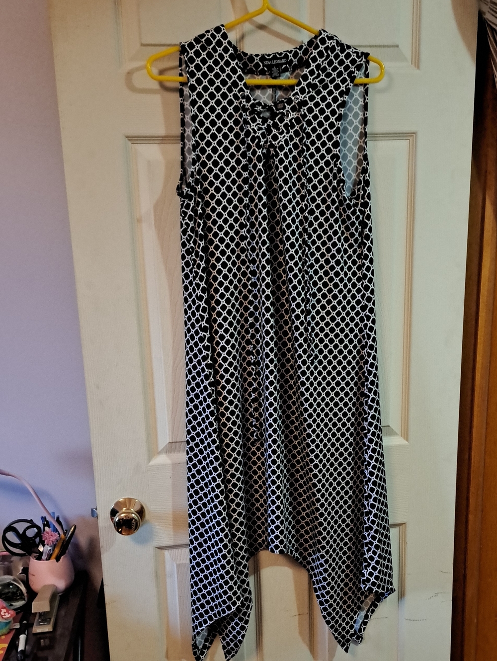 Nina Leonard Black and White Lattice Lace-Up Dress Size L NWOT